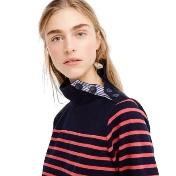 J.Crew Women Small Nautical Striped Button Shoulder Turtleneck Top Navy Pink - Picture 3 of 14